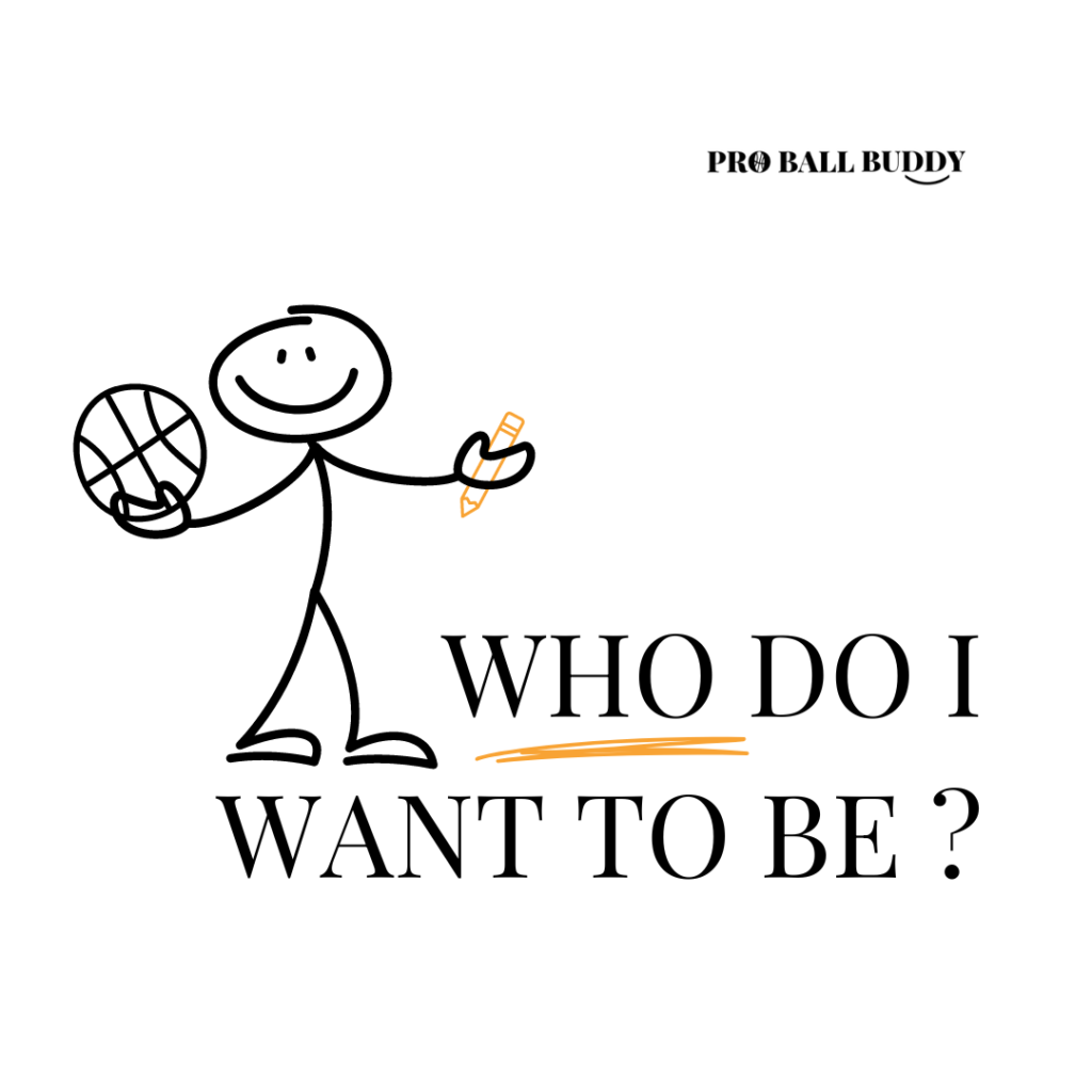 who do I want to be? stick man holding basketball and pencil