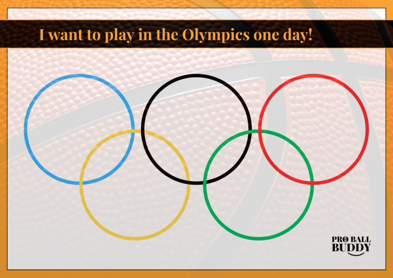 Olympic rings against a basketball background with the text, I want to play in the olympics one day