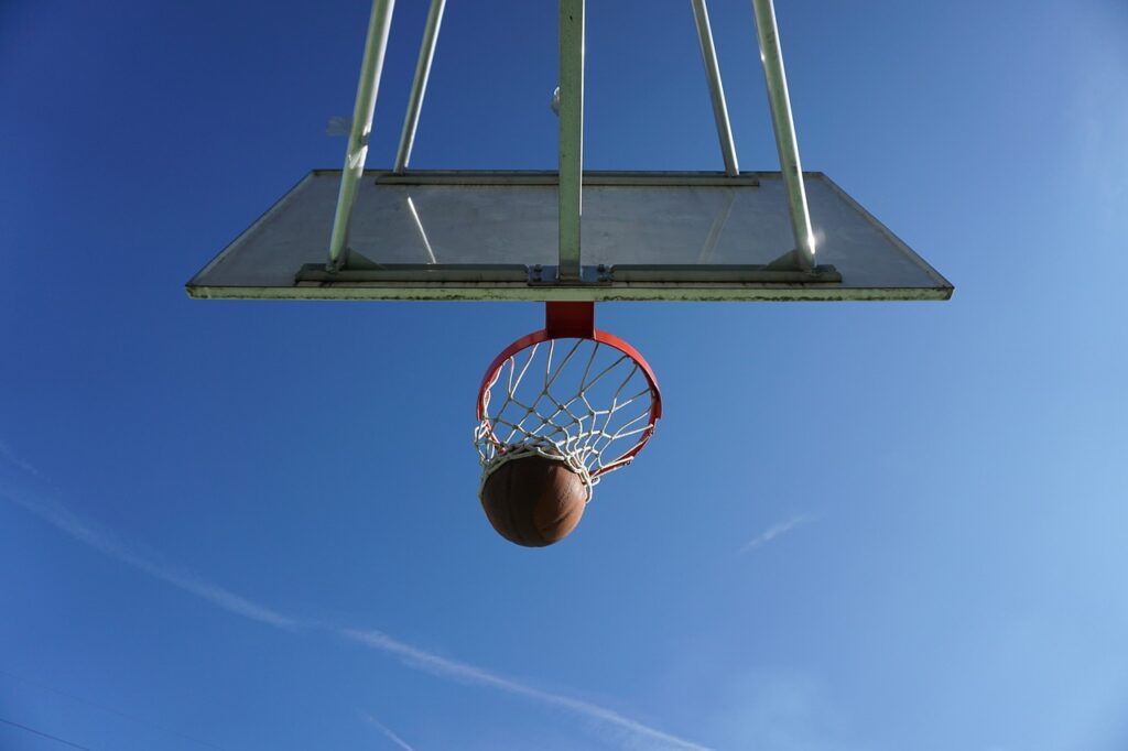 basketball, basket, ball going through net, blue sky, goals for basketball-2109872.jpg